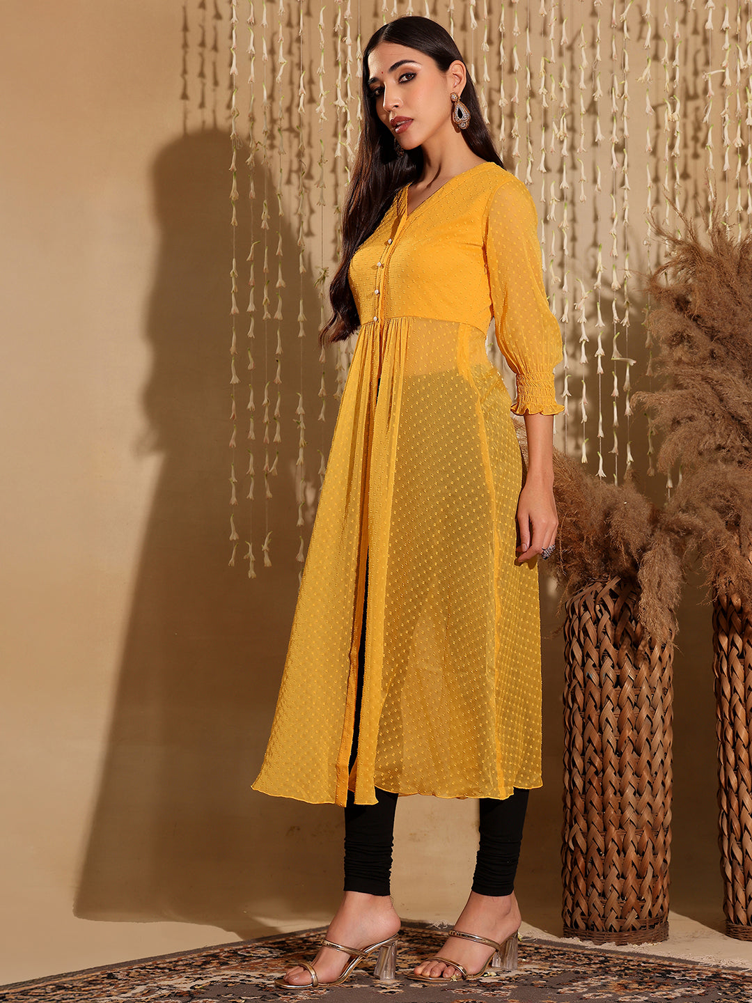 Women's Mustard Yellow V-Neck 3/4 Sleeves solid empire Maxi Top