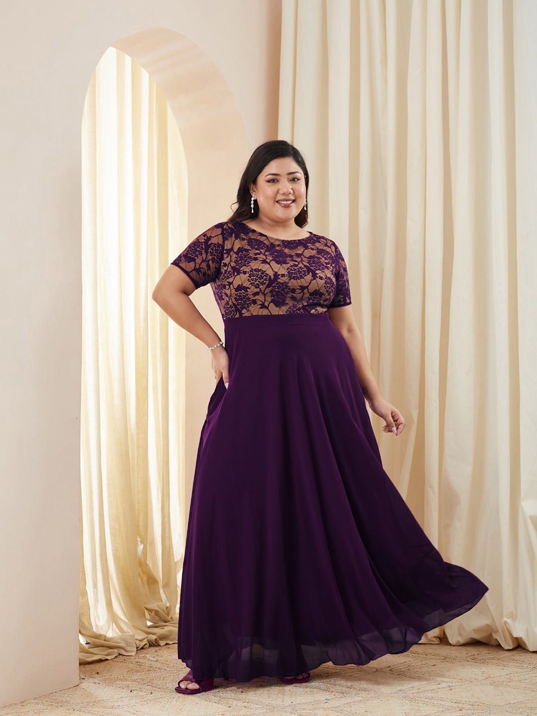 Dark Purple Round Neck Half Sleeve Self Design Fit & Flare Georgette Maxi Dress for Women — Miss Chase A+