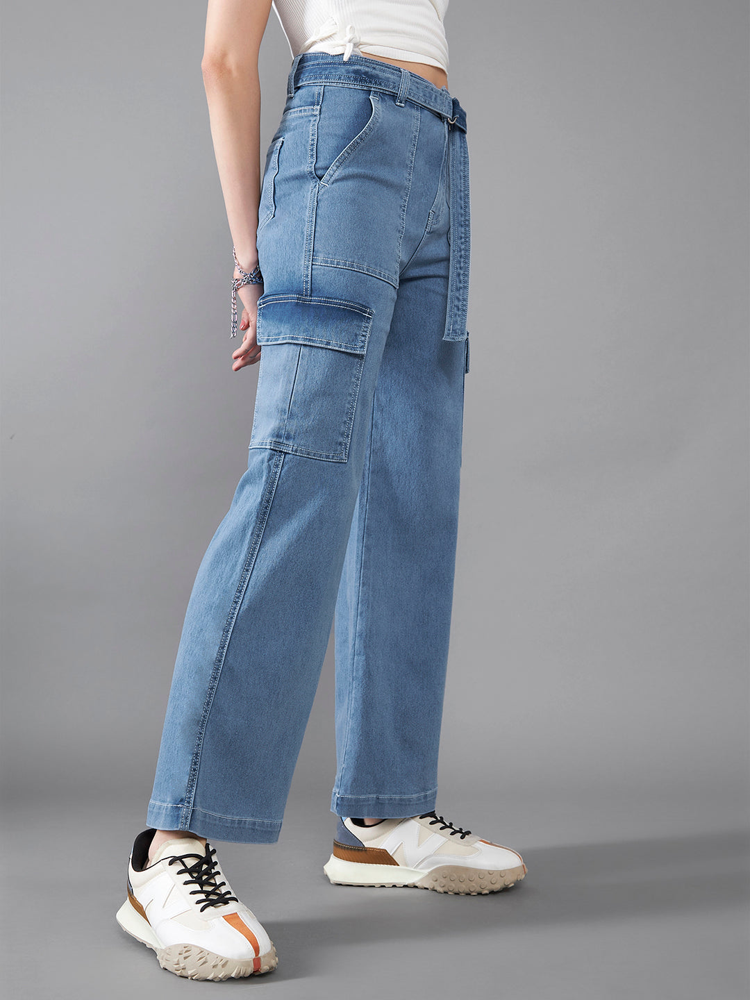 24/7 Comfort Women's Mid Blue Wide Leg High Rise Stretchable Cargo Denim Jeans