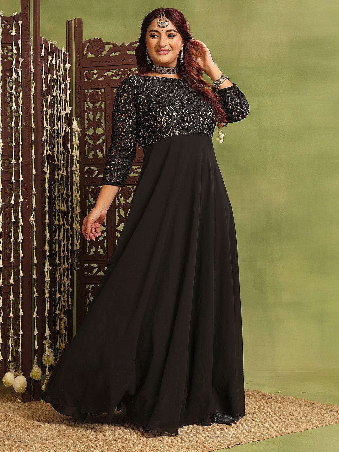 Women's Black Self-Design Boat Neck Three-Quarters Sleeves Side-Pocketed  Georgette Fit and Flare Maxi Length Dress