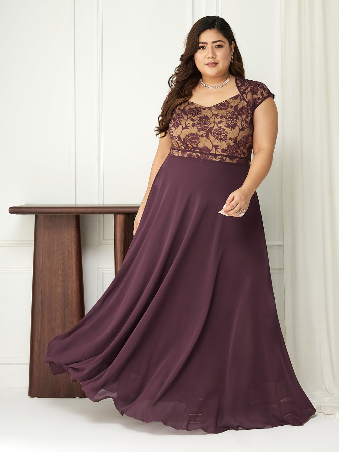 Mauve Sweetheart-Neck Raglan-Sleeve Self-Designed Fit & Flare Georgette Maxi Dress for Women