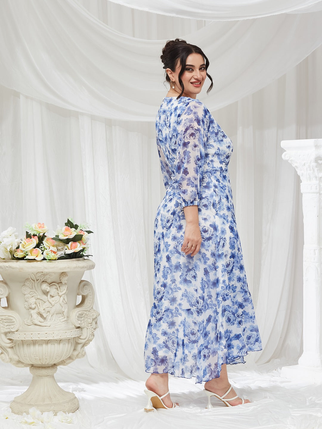 White V-Neck Three-Quarter Sleeve Floral Wrap Chiffon Midi Dress for Women