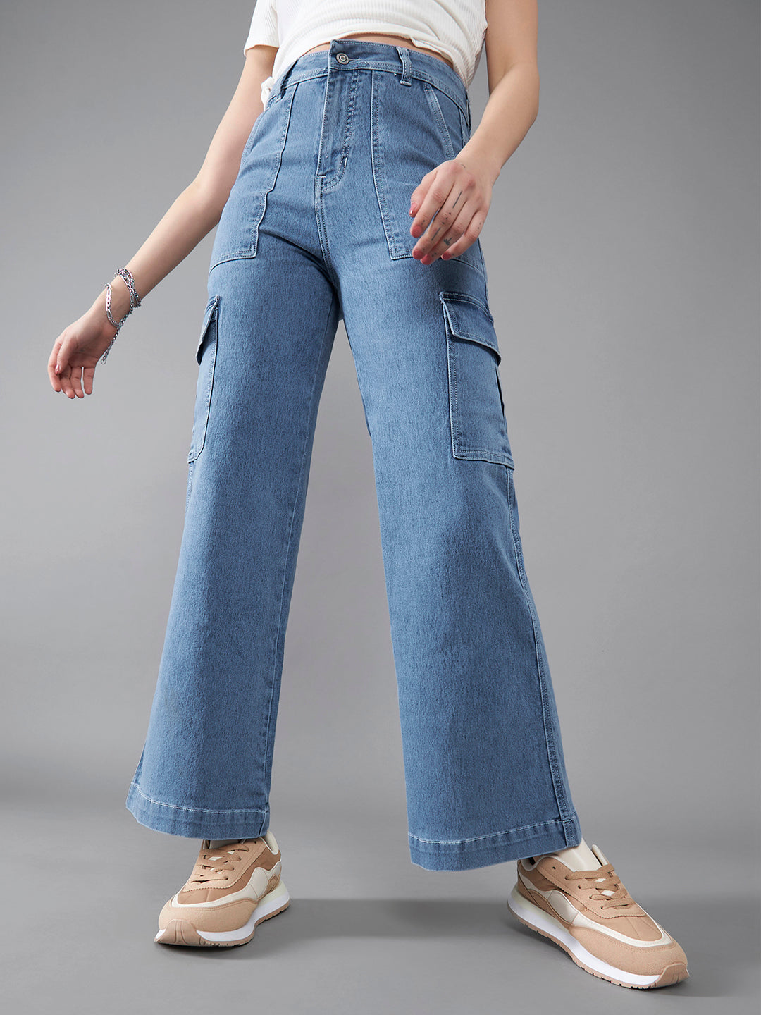 24/7 Comfort Women's Mid Blue Wide Leg High Rise Stretchable Denim Jeans