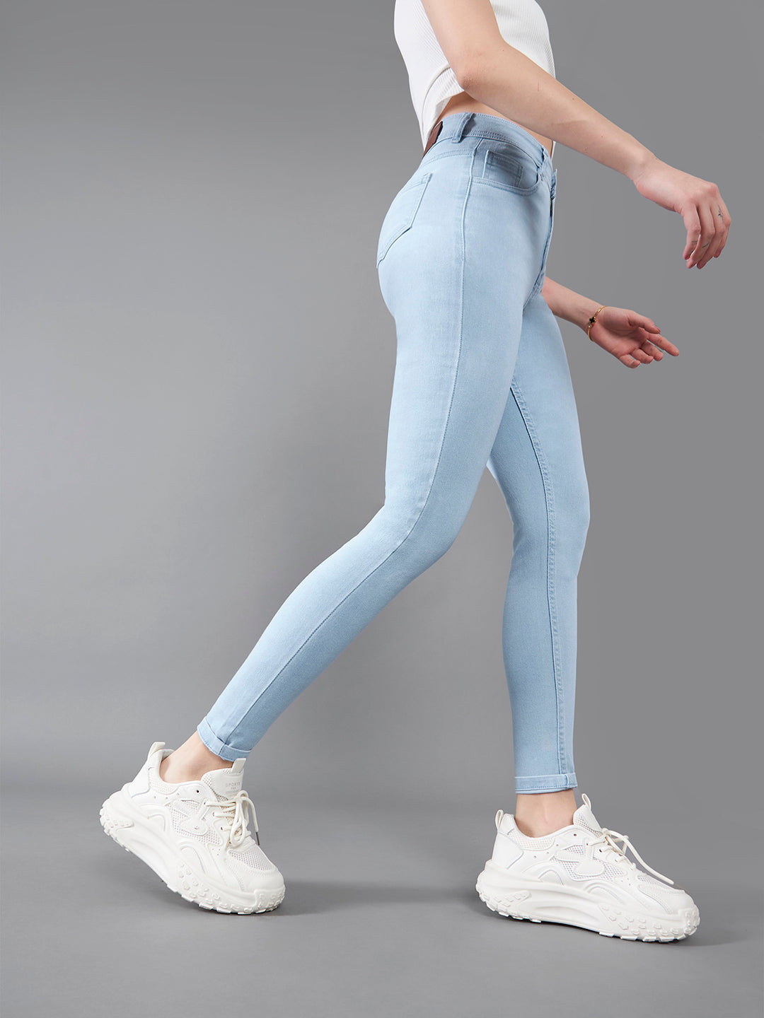 Women's Light Blue Skinny High Rise Distressed Regular Length Ice Wash Denim Jeans