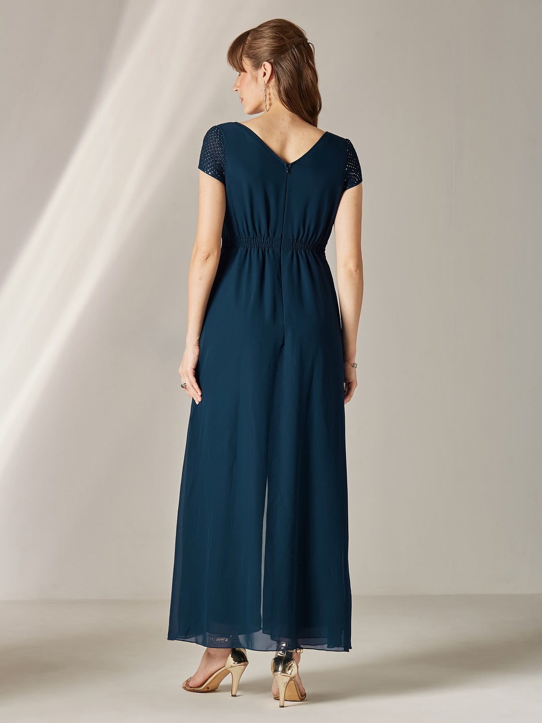 Teal Embellished Square Neck Short Sleeve Georgette Cut Out Relaxed Fit Regular Jumpsuit for Women