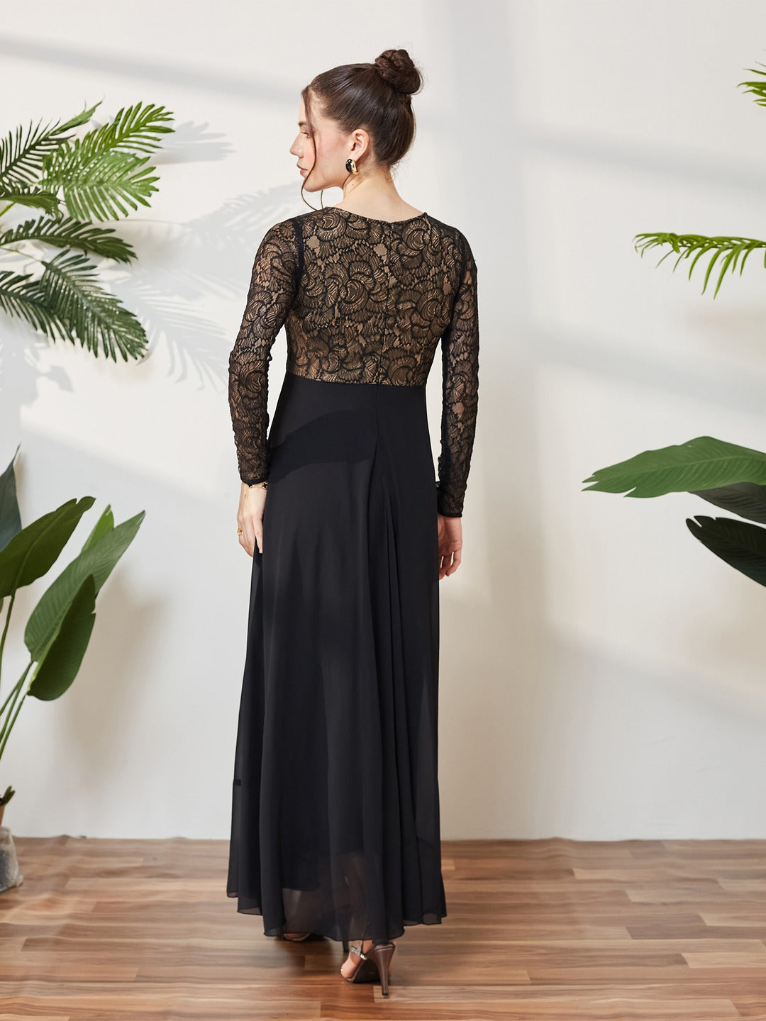 Black V-Neck Full Sleeve Self Design Lace-Overlaid Georgette Maxi Dress for Women