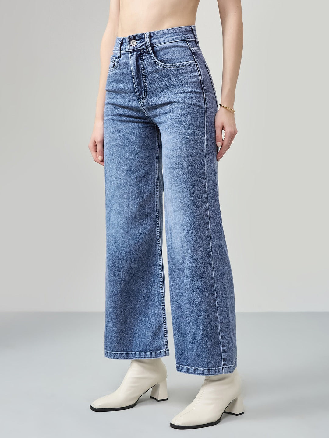 Light Blue Wide-Leg High-Rise Stretchable Denim Jeans for Women