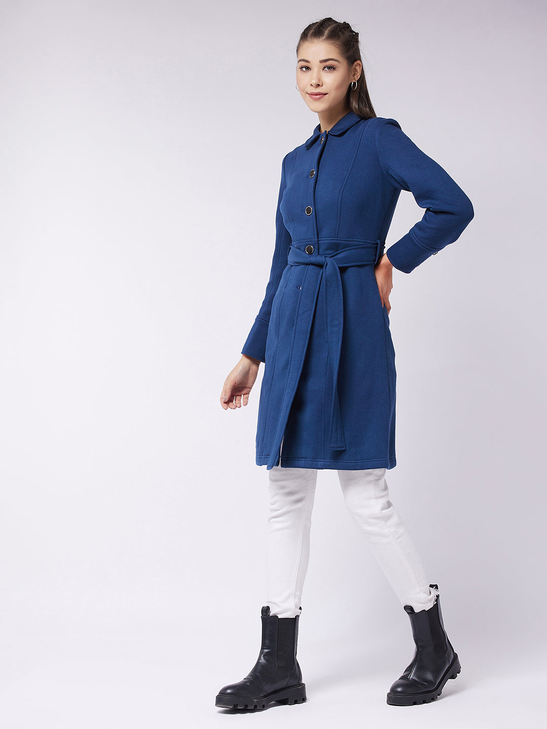 Women's Navy Blue Collared Full Sleeve Solid Tie-up Longline Jacket