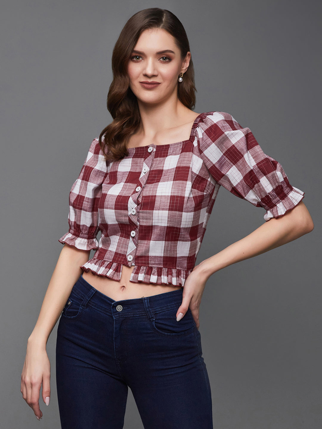 Women's Maroon and White Checkered Square Neck Puff Sleeves Polyester Ruffled Short Top