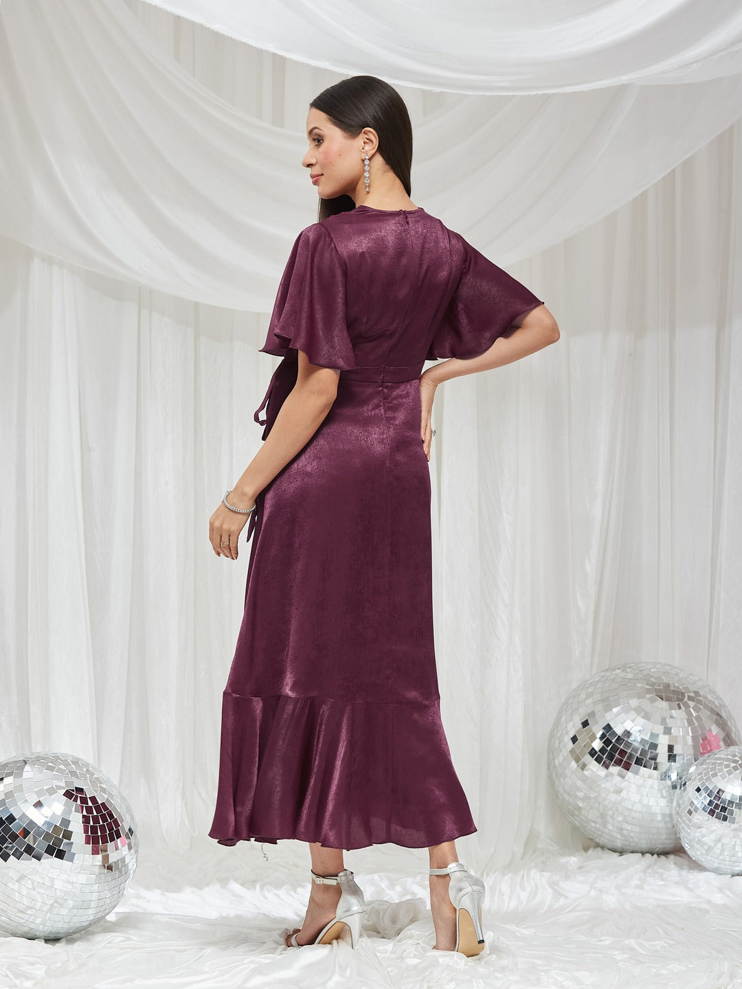 Wine V-Neck Flared Solid Overlap/Tie-Up Midi Satin Dress for Women