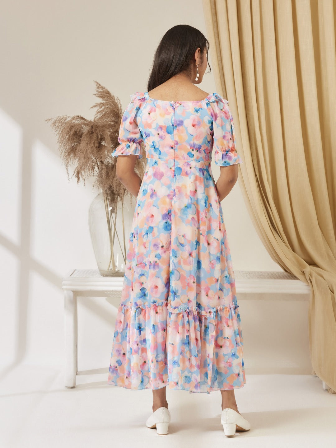 Sky Blue V-Neck Puff Sleeve Floral Ruching Ankle-Length Dress for Girls/Teenagers