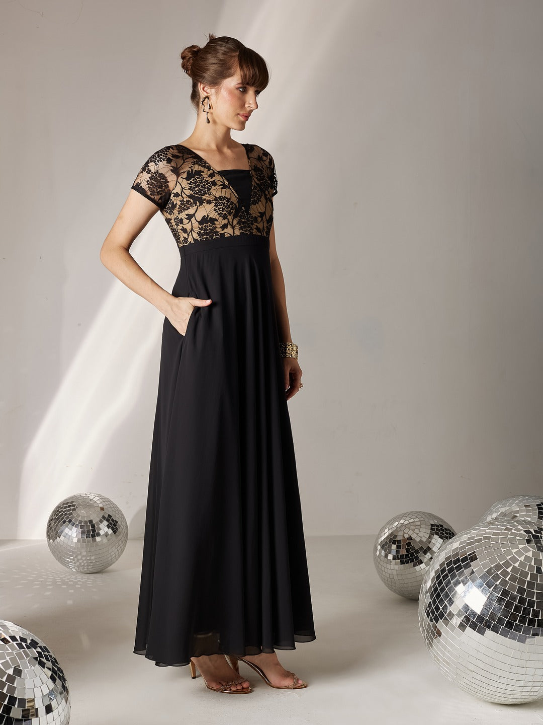 Black Square Neck Raglan Short Sleeve Self Design Lace Overlaid Georgette Maxi Dress for Women
