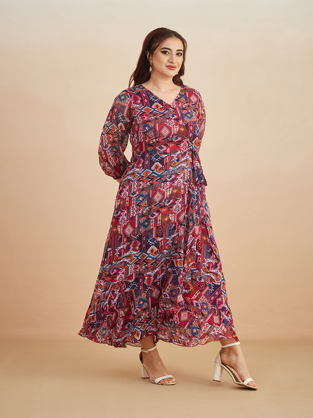 Multicolored V-Neck Three-Quarter Sleeve Geometric Patterned Wrap Midi Chiffon Dress for Women