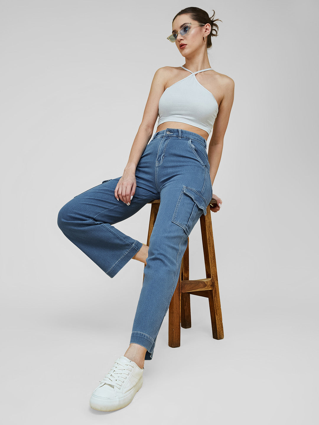Women's Blue Wide-Leg High-Rise Clean-Look Regular Stretchable Denim Jeans