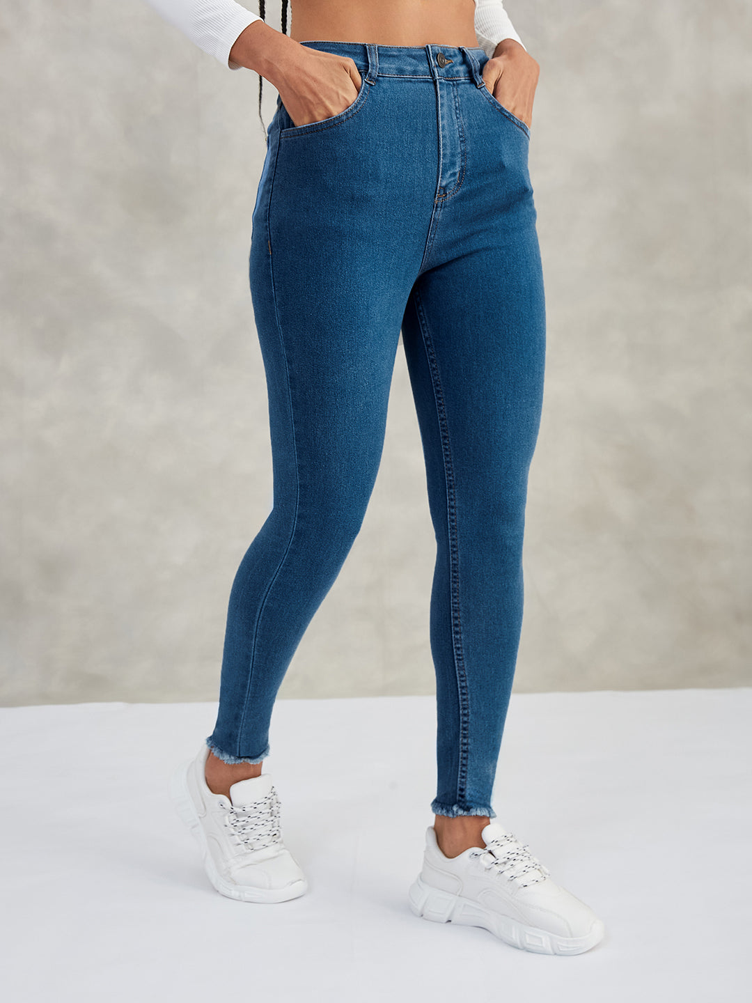 Women's Blue Skinny High-Rise Cropped-Length Fringe Detailing Stretchable Denim Jeans