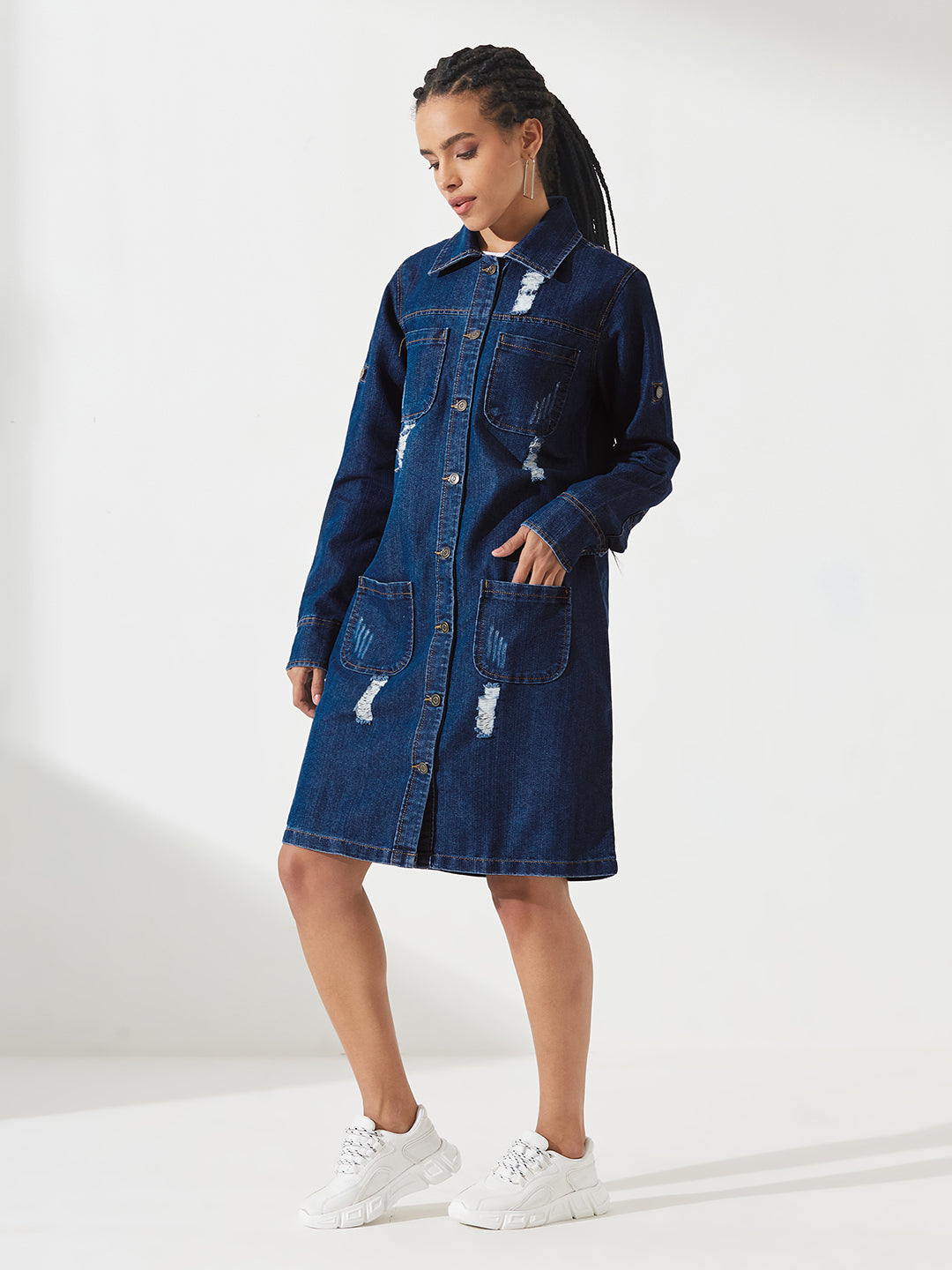 Navy-Blue Solid Polo Neck Full Sleeves Patch Pocket Denim Overcoat Knee-Length Jacket for Women