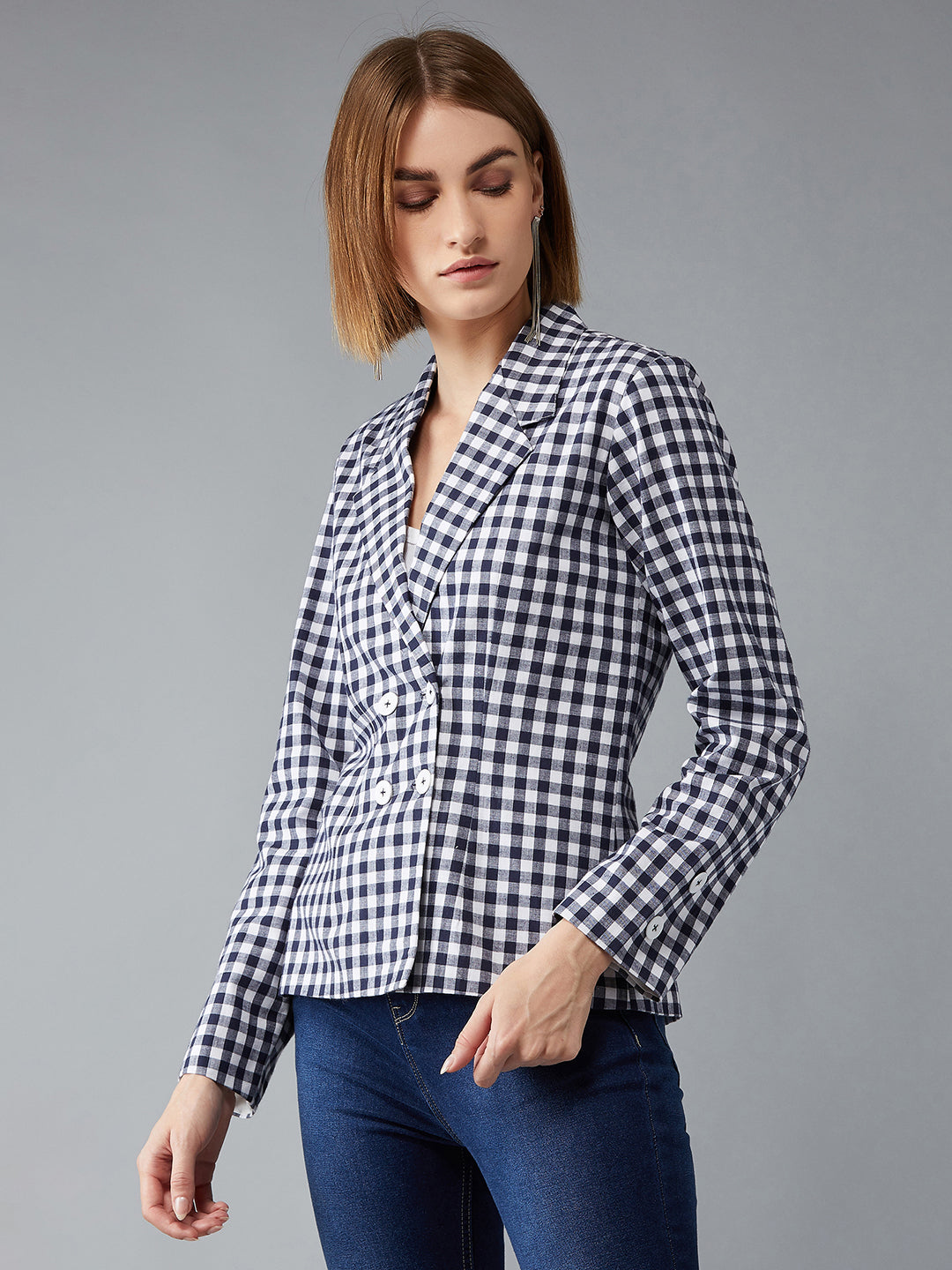 Women's Navy Blue and White Collared Full Sleeves Checkered Notched Jacket