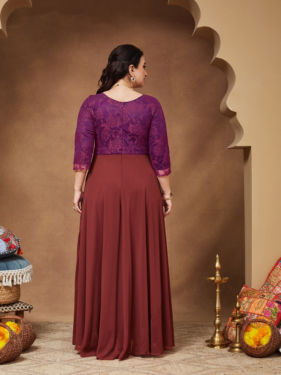 Brick Red Sweet heart neck 3/4 Sleeve Self Design Fit & Flare Maxi Dress for Women