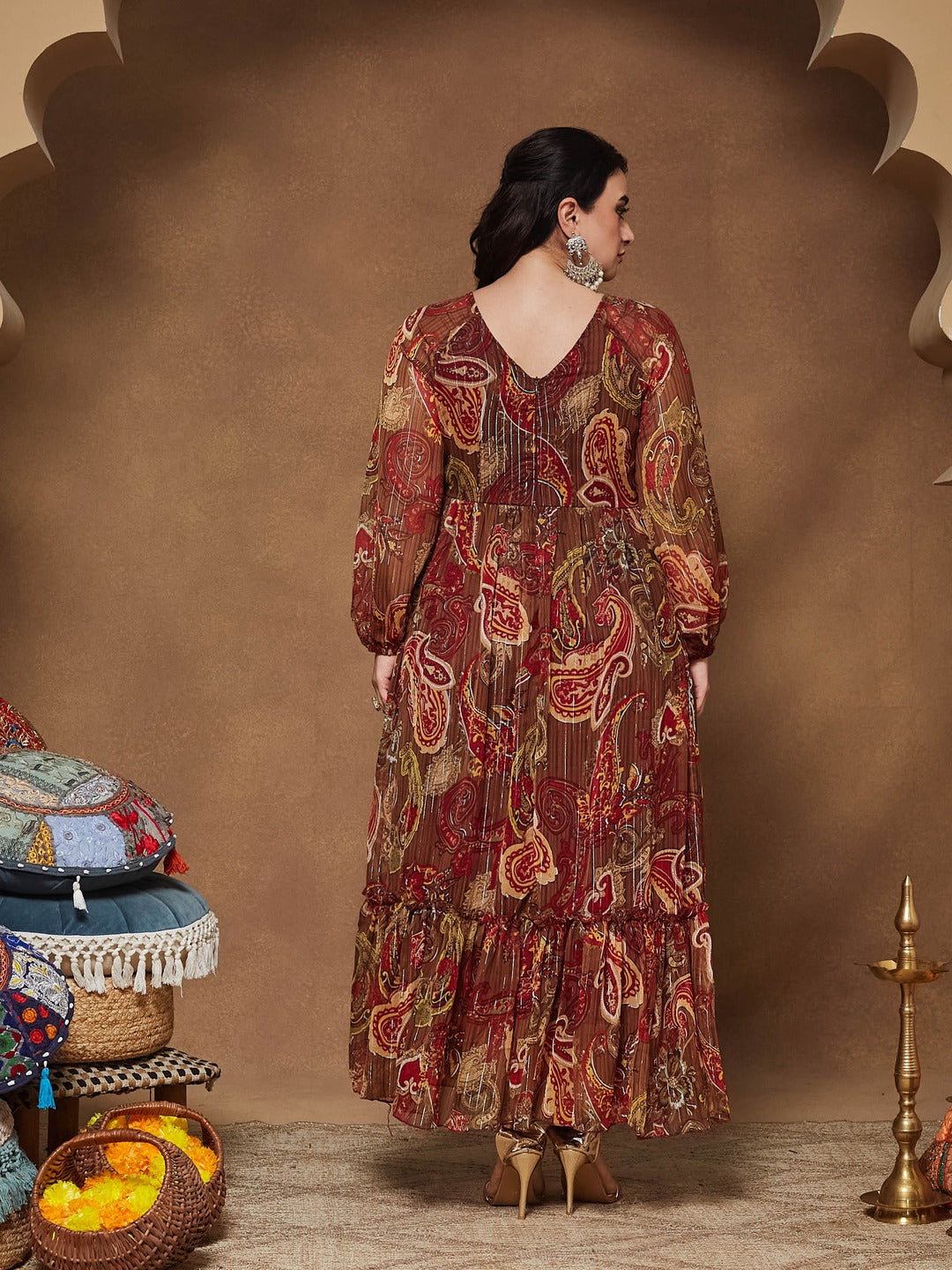 Brown Relaxed Fit Maxi Lurex Chiffon Dress for Women