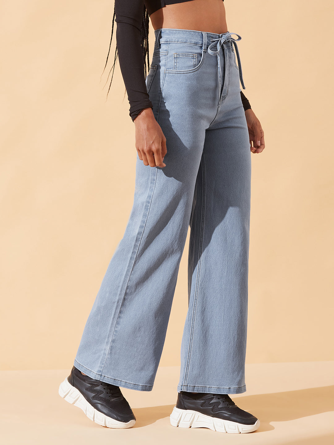 Light-Blue High-Rise Wide-Leg Stretch Denim Jeans with Tie-Up Waist for Women