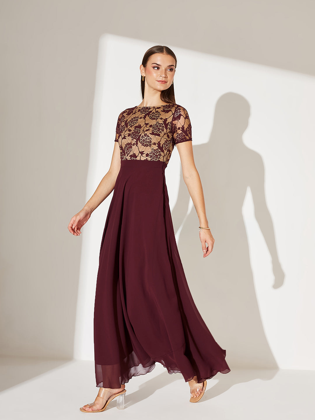 Women's Wine & Beige Relaxed Fit Regular Georgette Dress