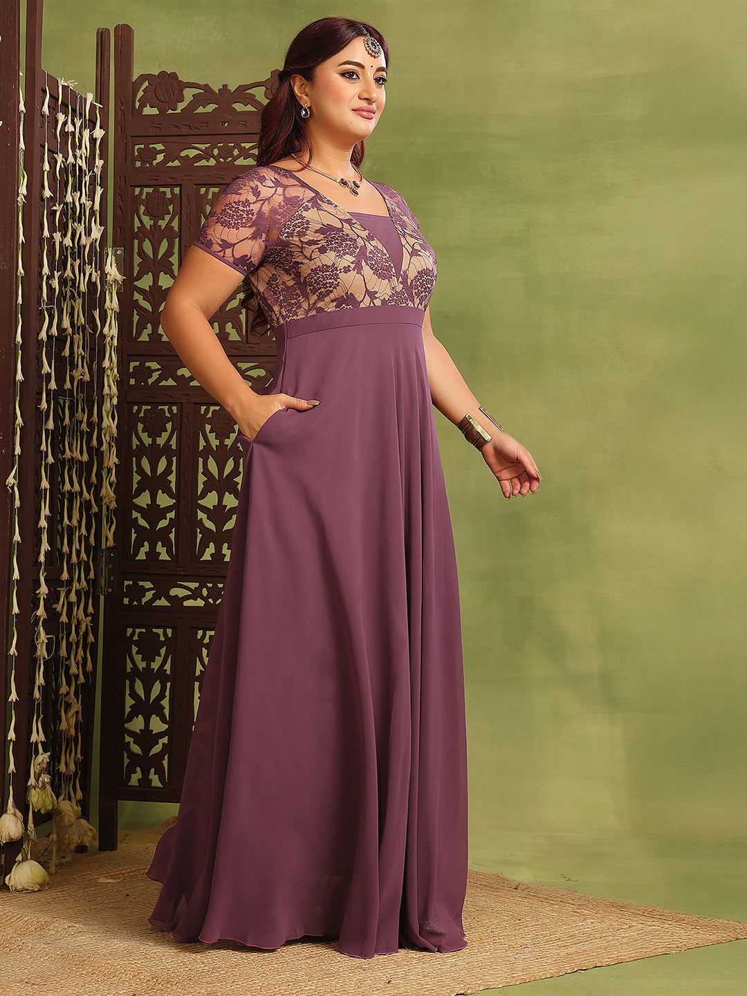Women's Mauve Square-Neck Raglan-Sleeve Self-Designed Flared Georgette Maxi Dress