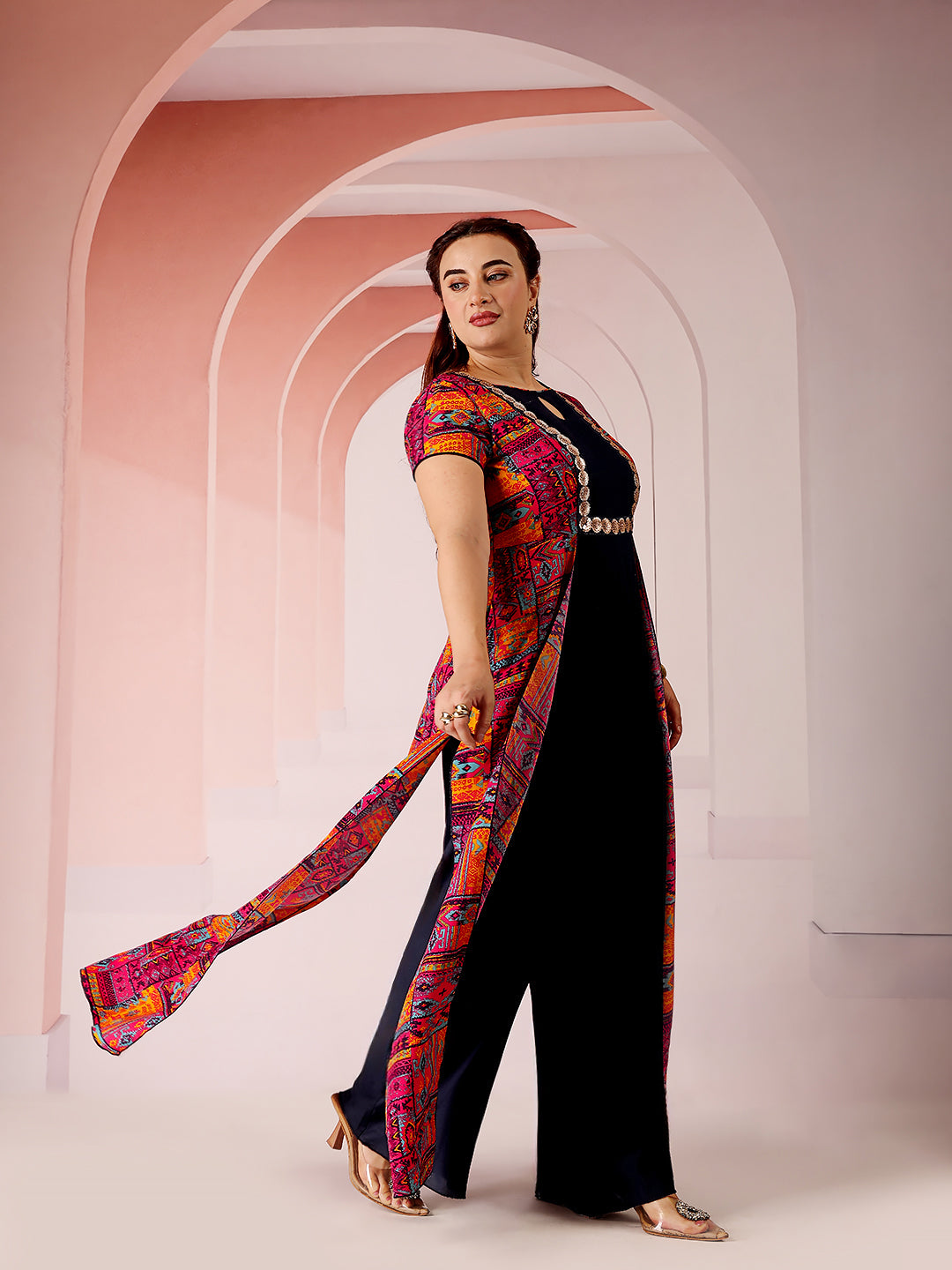 Body Bliss Multicolored-Base-Navy-Blue Keyhole-Neck Regular Sleeve Bohemian Panelled Viscose-Rayon Regular-Length Jumpsuit for Women — Miss Chase A+