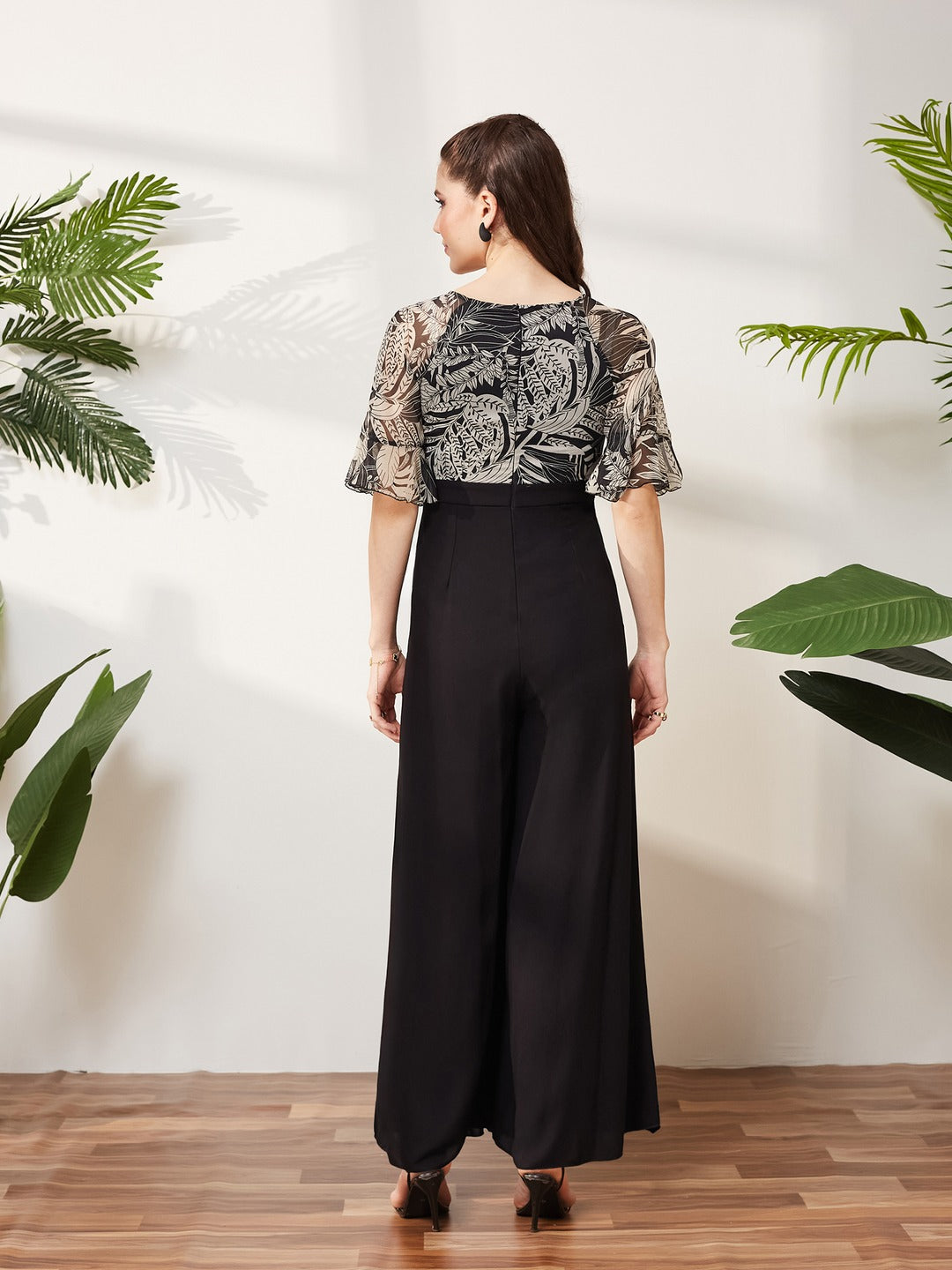 Black V Neck Ruffled Sleeve Wide Leg Regular-Length Polyester Printed Jumpsuit for Women