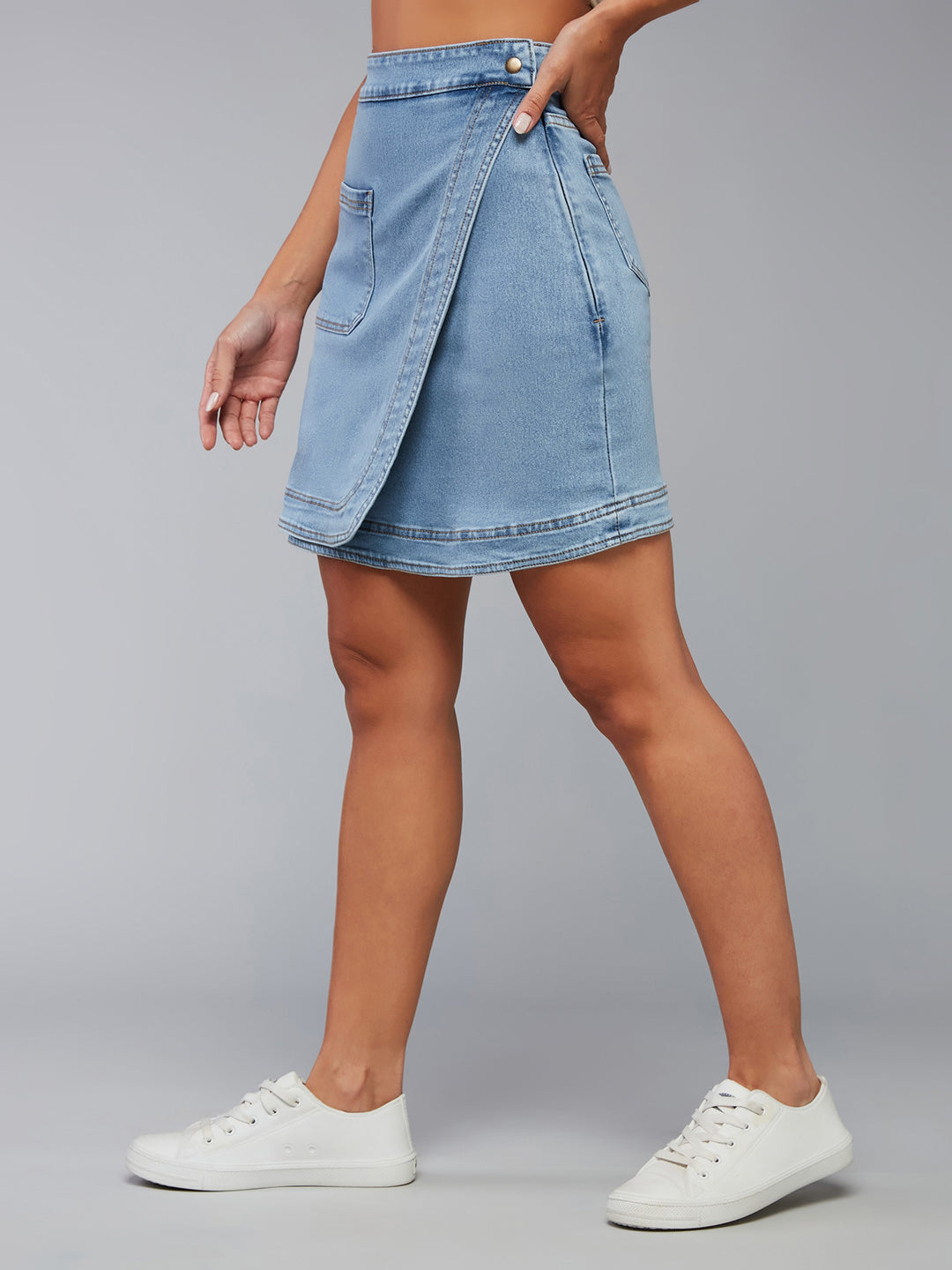 Women's Light Blue Regular High rise Clean look Above Knee Stretchable Denim Skirt