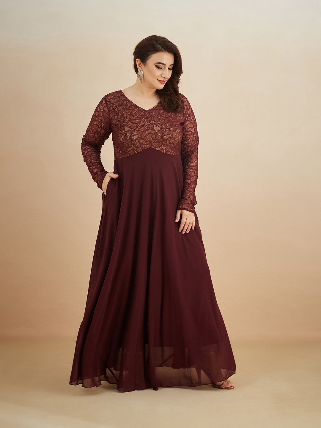 Wine V-Neck Full Sleeve Self Design Lace-Overlaid Georgette Maxi Dress for Women — Miss Chase A+