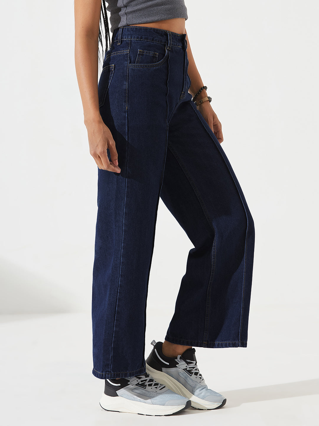 Navy-Blue Wide-Leg High-Rise Clean-Look Non-stretchable Denim Jeans for Women