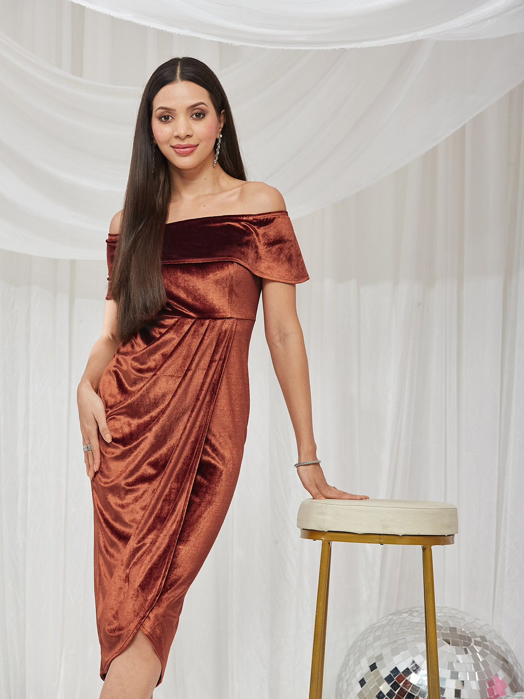 Rust Velvet Off-Shoulder Draped Knee-Length Dress with Tulip Hem for Women — Miss Chase