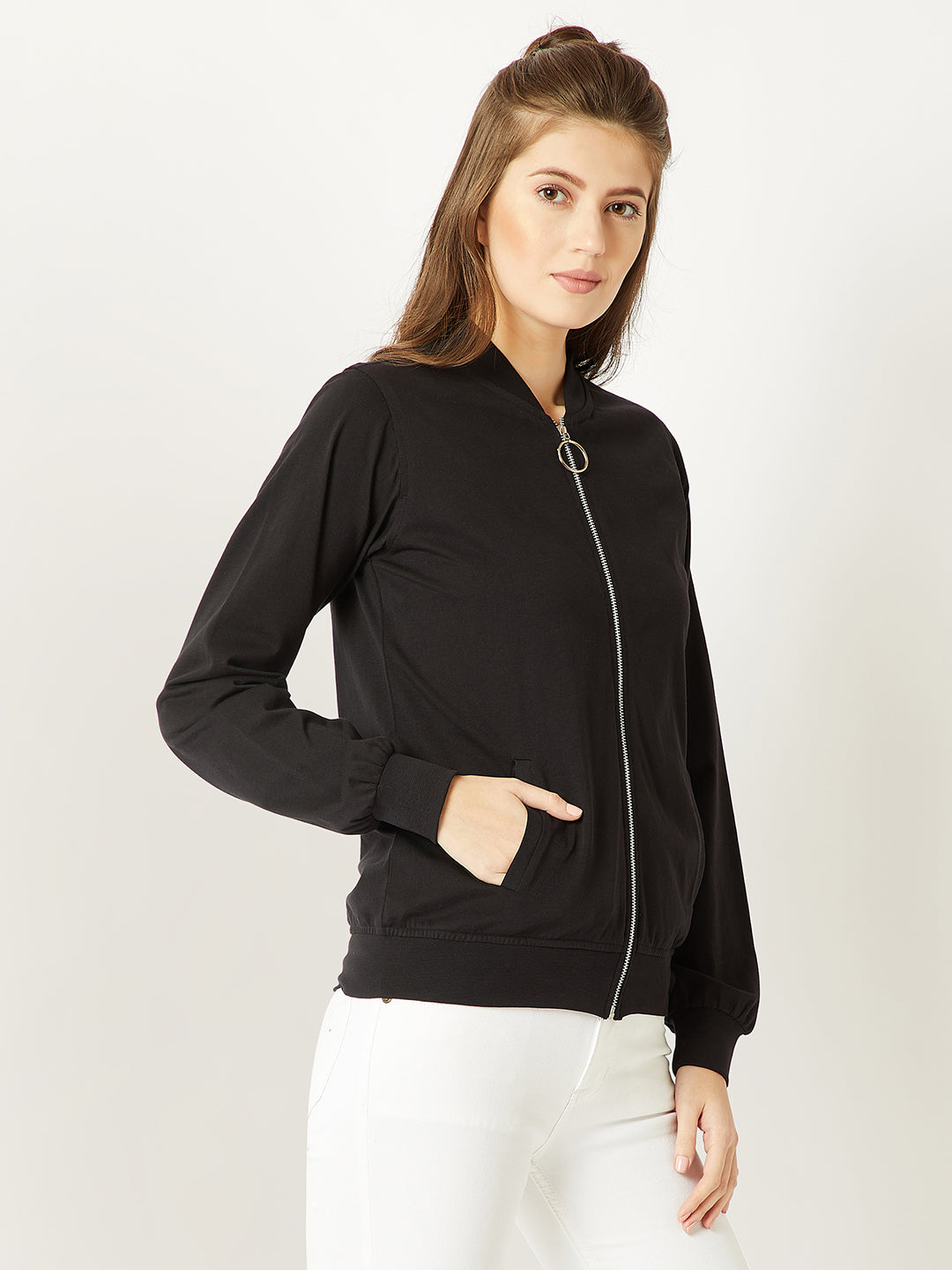 Women's Black Round Neck Full Sleeve Cotton Solid Twill Tape Detailing Ring Puller Detailing Zippered Bomber Jacket