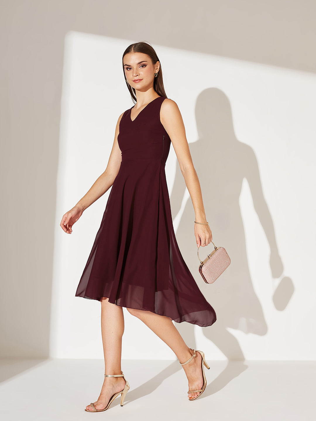 Women's Wine Red V-Neck Sleeveless Solid High-Low Midi Skater Dress