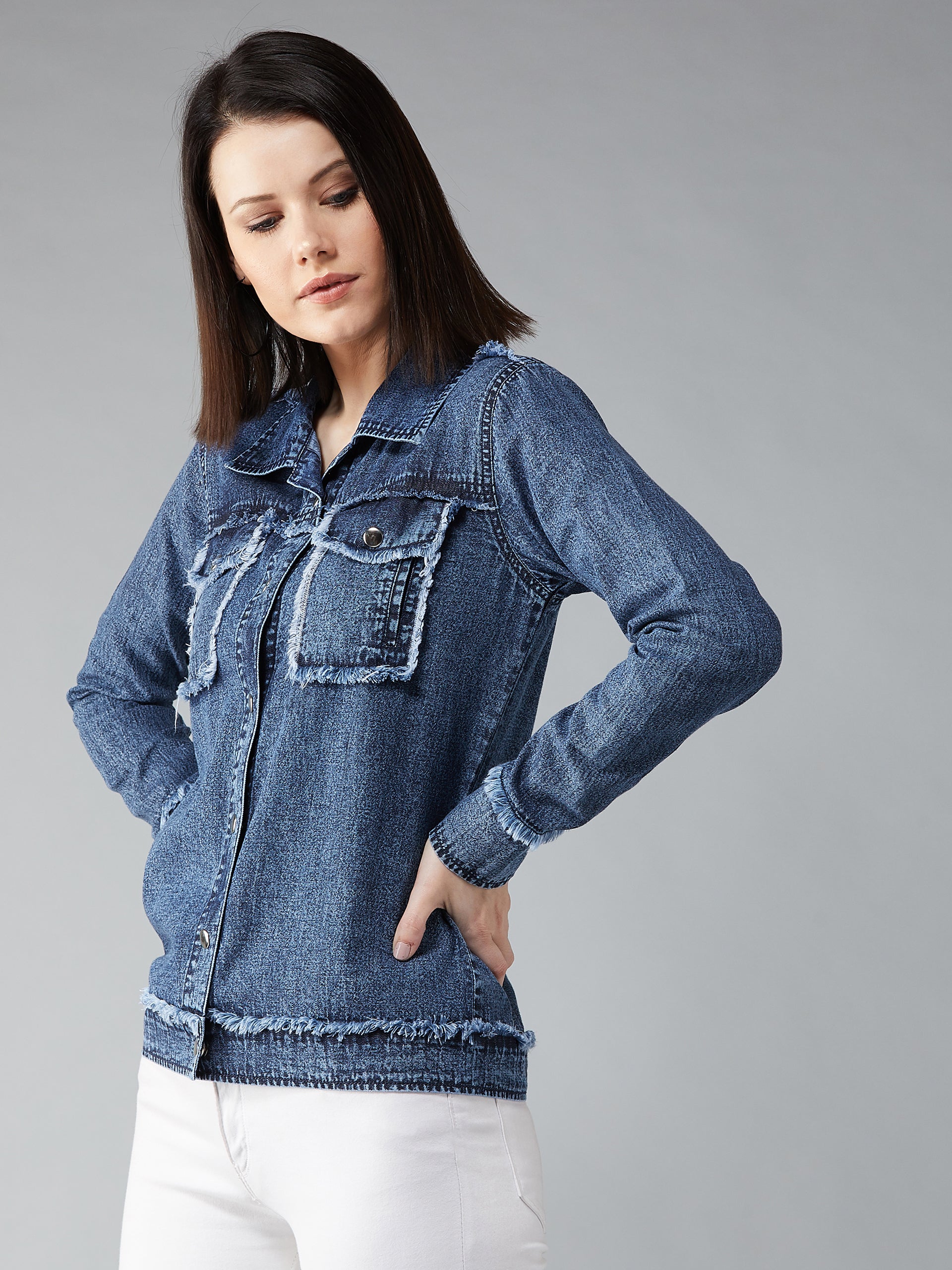 Women's Blue Polo Neck Full Sleeves Snap Button Detailing Denim Solid Regular Length Jacket