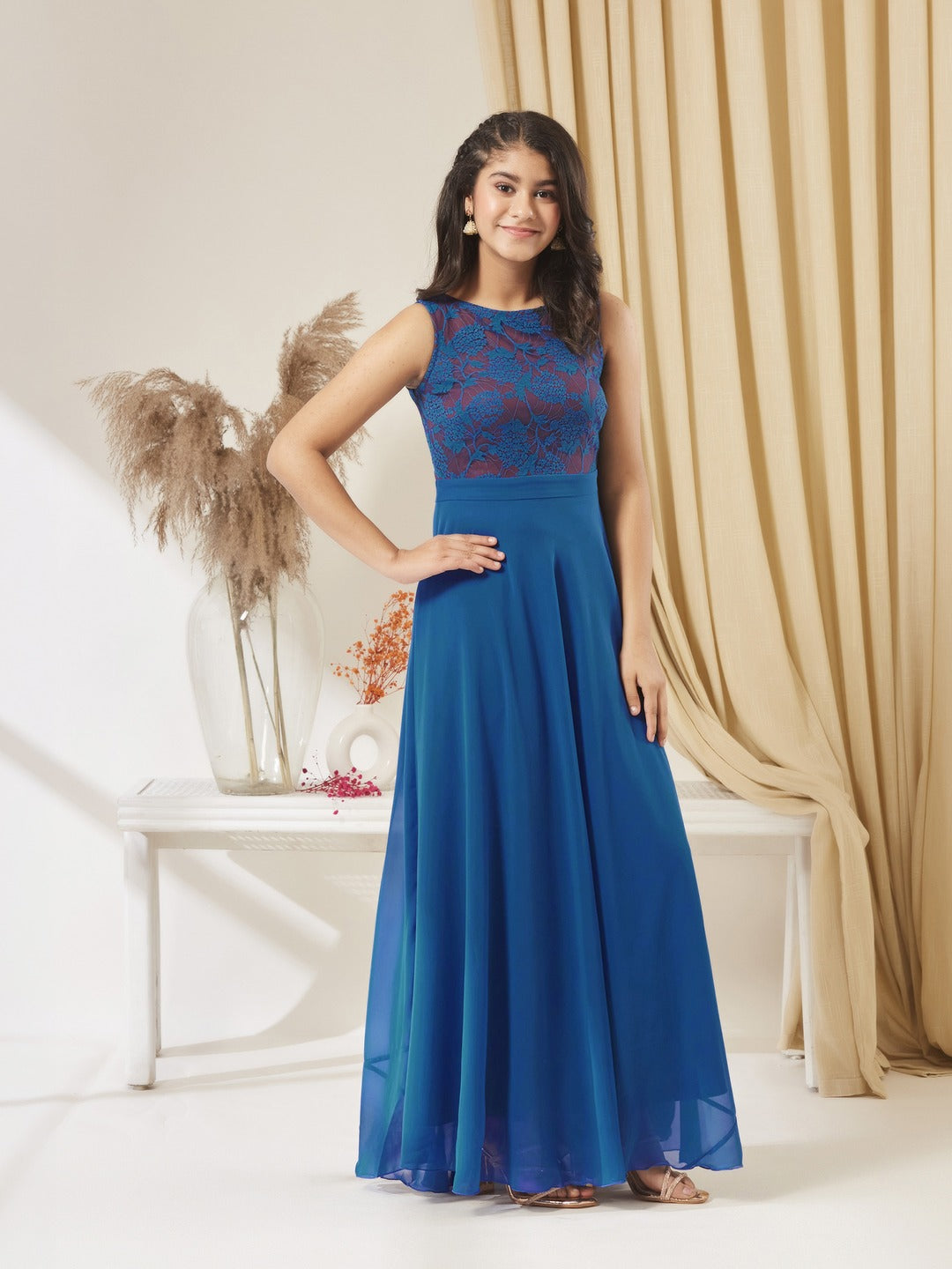 Royal Blue Round Neck Sleeveless Georgette Floral Lace Fit & Flare Maxi Dress for Girls/Teenagers