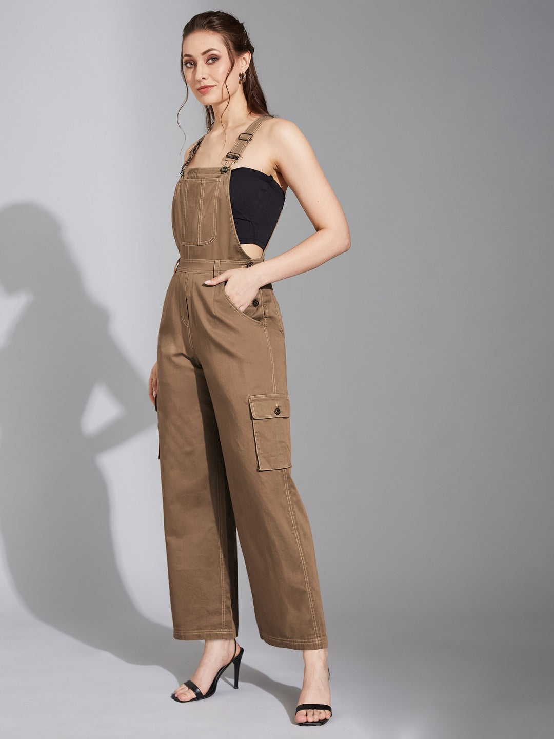 Olive Square Neck Sleeveless Solid Wide-Leg Regular-Length Cotton Dungaree for Women