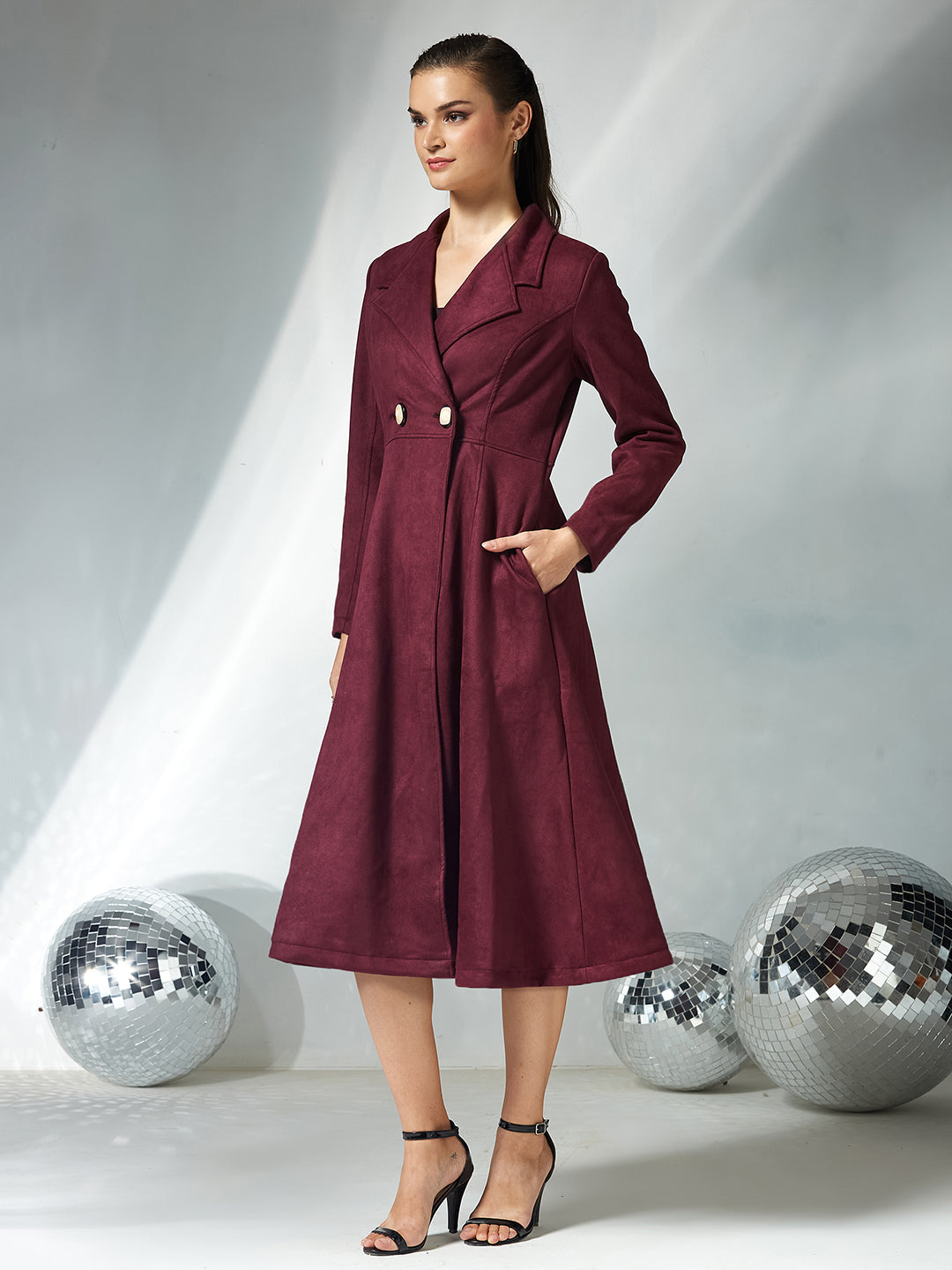 Women's Wine Solid V-Neck Full Sleeves Side Pocketed Polyester Double Breasted Longline Jacket