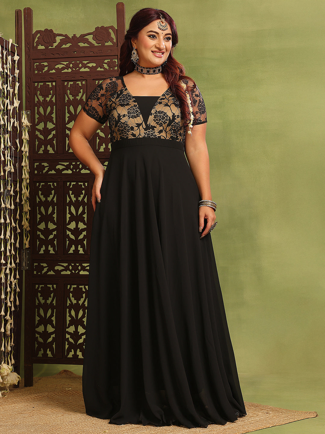 Women's Black Square Neck Raglan Short-Sleeved Self-Design Lace-Overlaid Georgette Maxi Dress