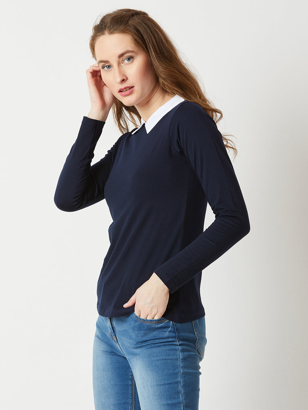 Women's Navy Blue Collared Round Neck Full Sleeve Cotton Solid Buttoned Top