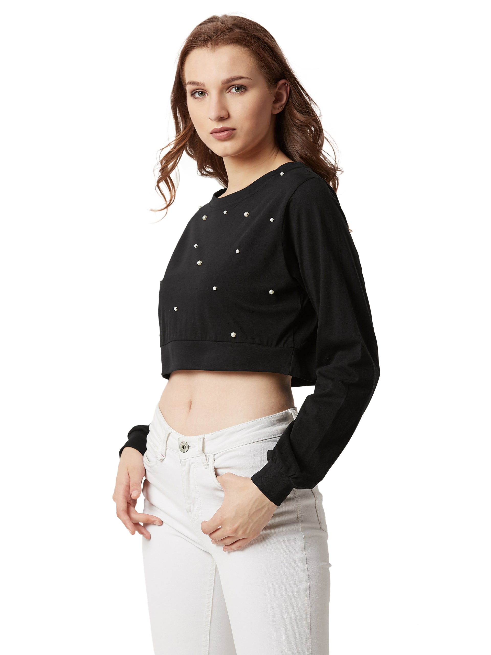 Women's Black Round Neck Full Sleeves Cotton Solid Boxy Pearl Detailing Crop Top