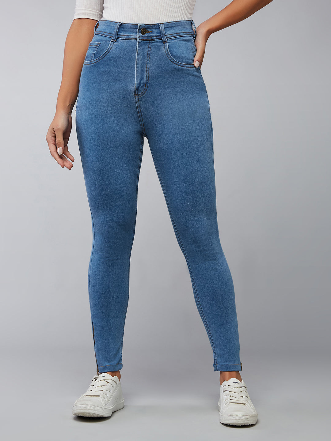 Women's Blue Skinny Fit High Rise Clean Look Cropped Stretchable Denim Jeans
