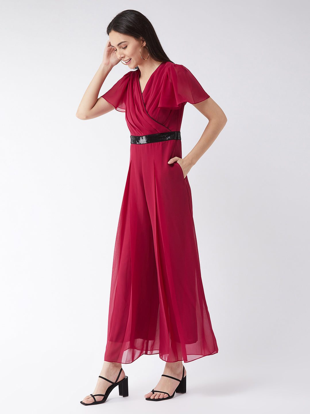 Women's Pink Solid Relaxed Fit Short Sleeve V-Neck Ankle-Length Straight Jumpsuit