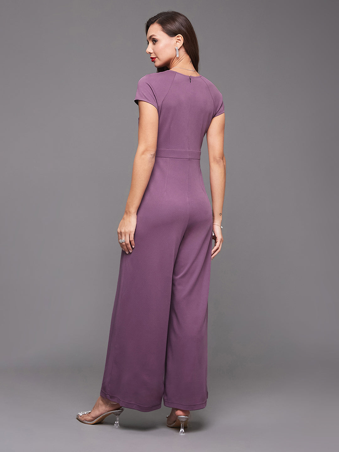 Women'S Dark Lavender V Neck Raglan Sleeve Embellished Regular-Length Polyester Solid Jumpsuit