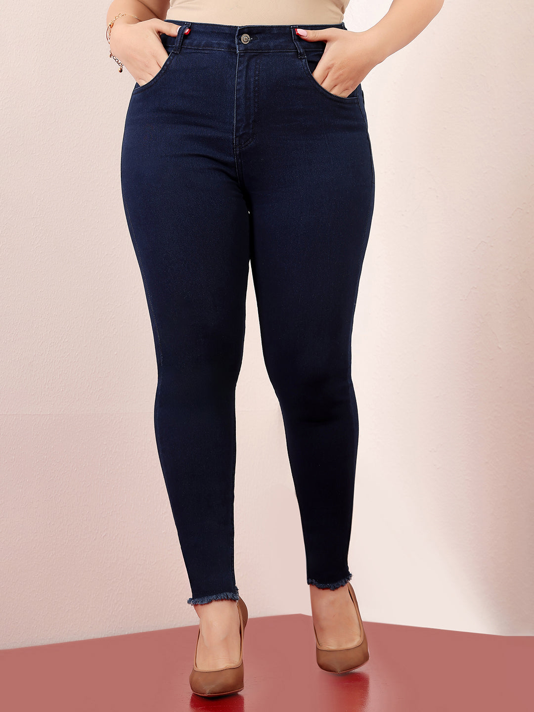 Women's Navy Blue Skinny High-Rise Solid Clean-Look Cropped Fringed-Hemline Stretchable Denim Jeans