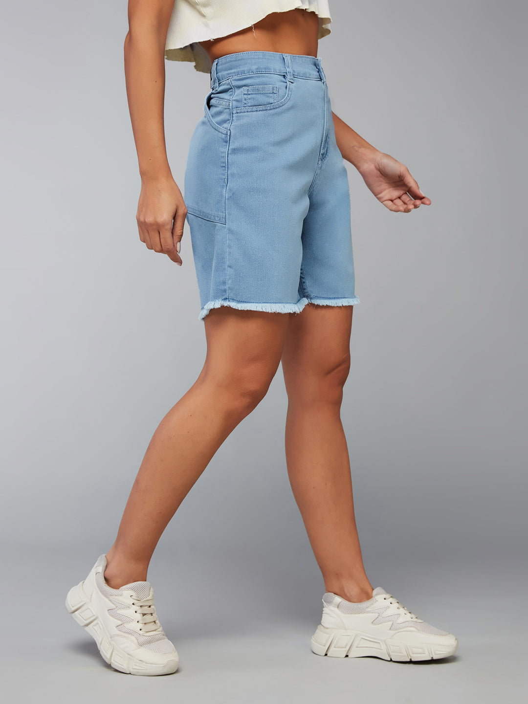 Women's Light Blue Regular High Rise Clean Look Above Knee Stretchable Denim Shorts