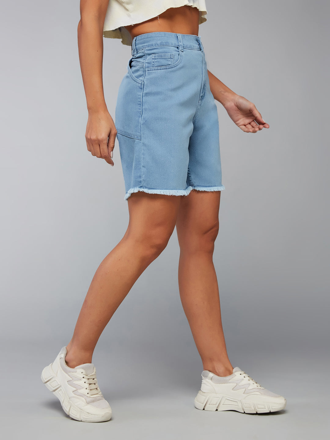 Light-Blue Regular High-Rise Above Knee Stretchable Denim Shorts for Women