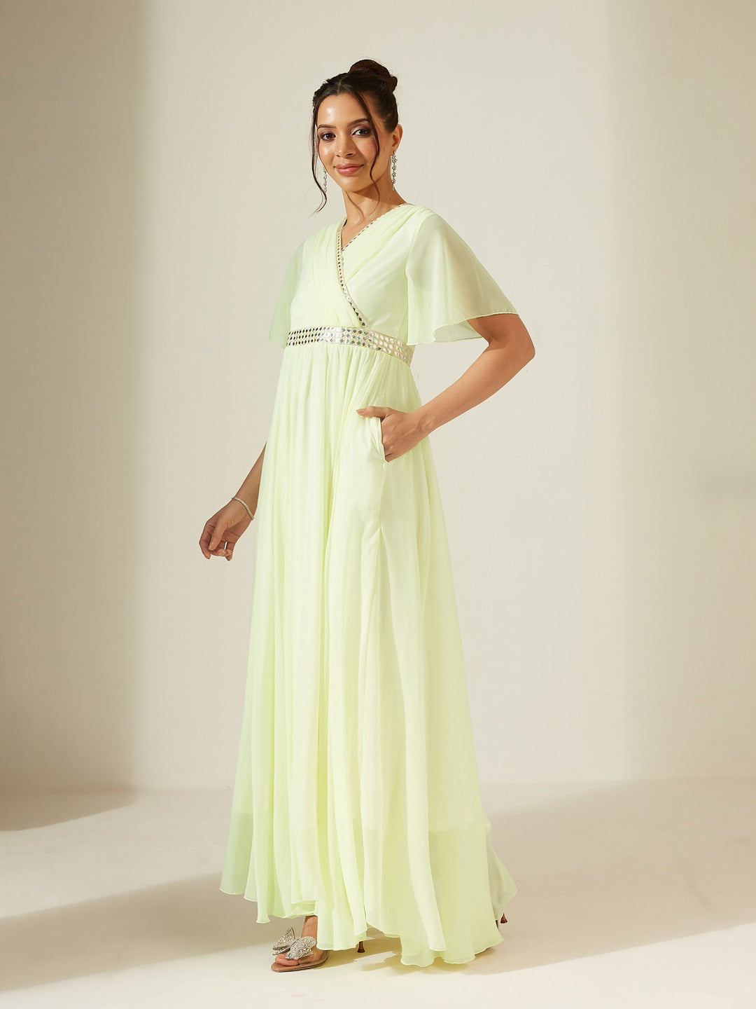 Lemon Yellow V-Neck Flared/ Bell Sleeves Solid Georgette Fit & Flare Maxi Dress for Women