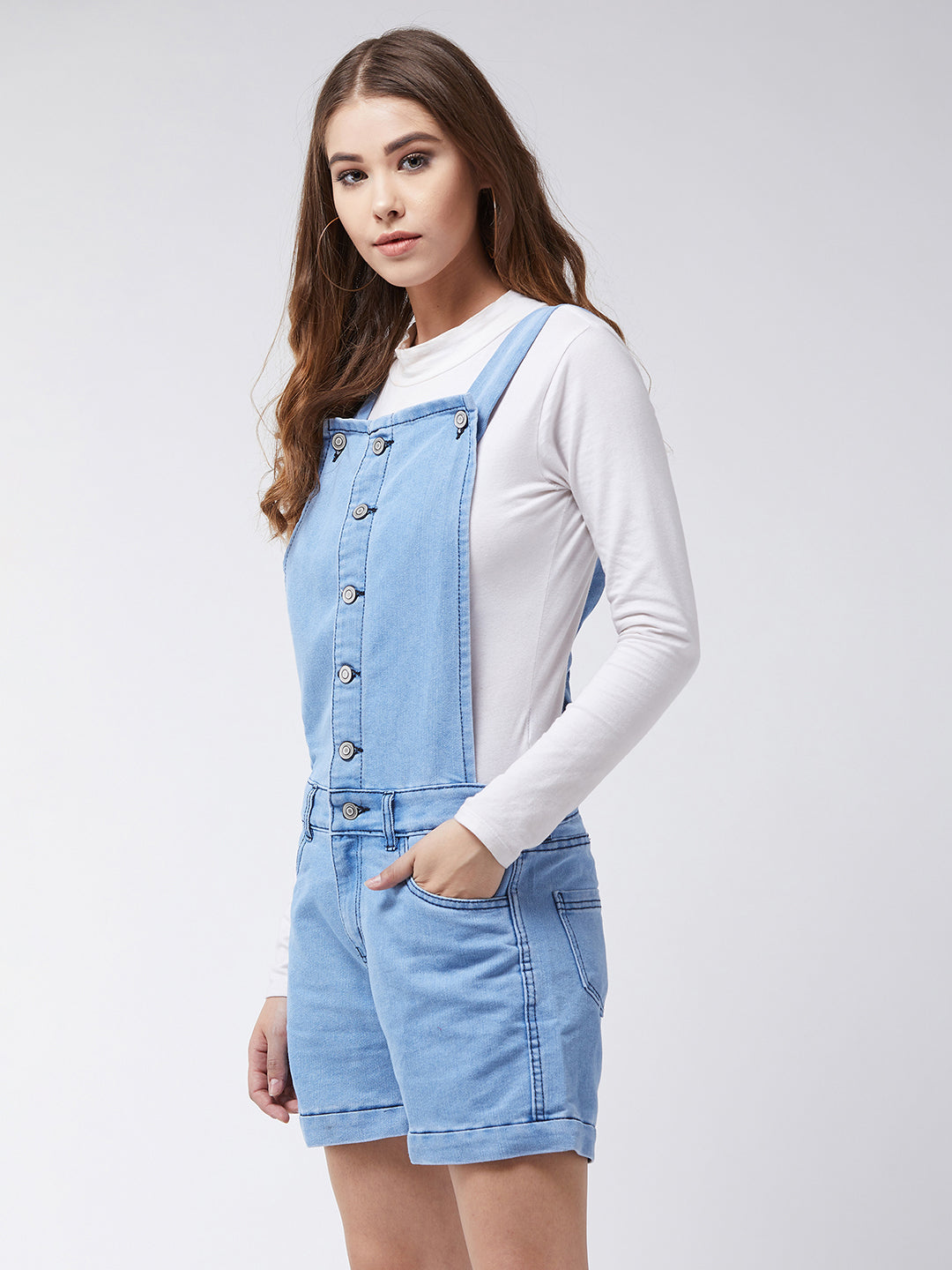 Women's Light Blue Regular Fit Mid Rise Mini Solid Denim Dungaree