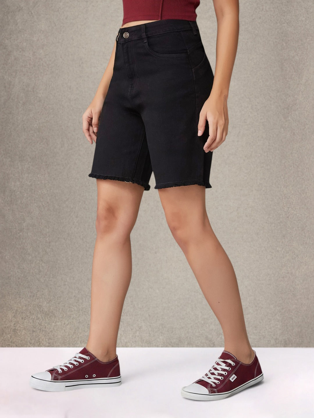 Black Regular High Rise Above Knee Stretchable Denim Shorts for Women